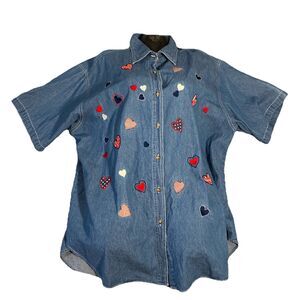 Vintage Quizz New York Denim Shirt 22 Patriotic Embroider Hearts Short Sleeve‎